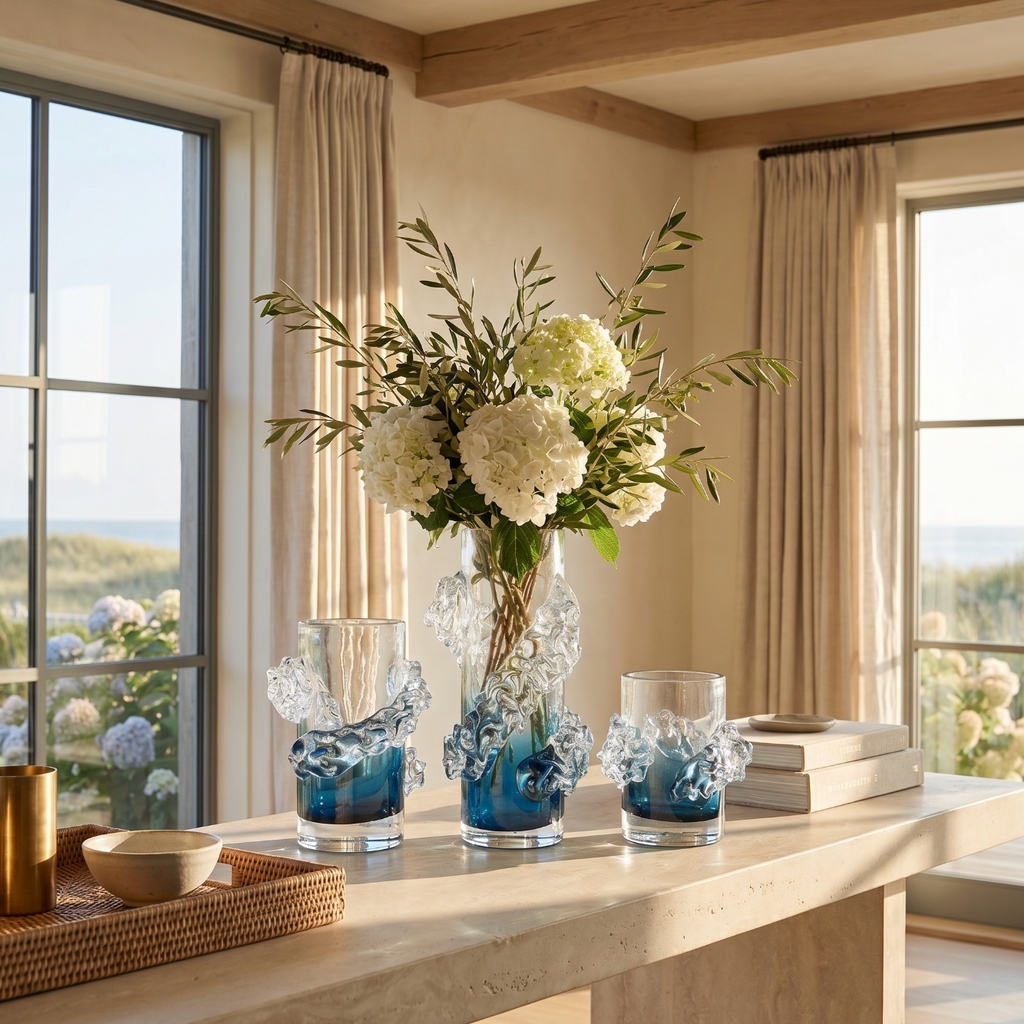 Art glass wavy blue and clear glass vase adding a sculptural touch to coastal contemporary decor