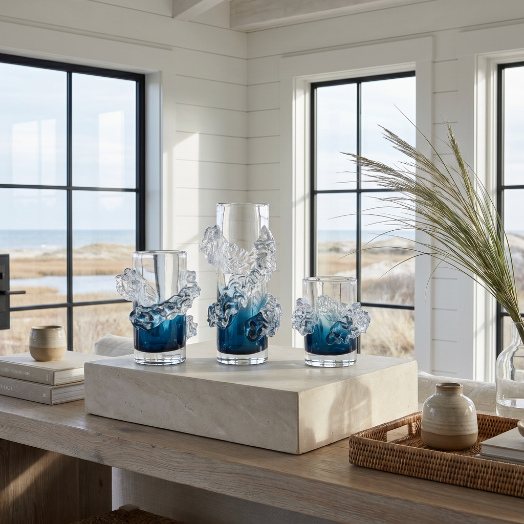 Tall wavy blue and clear glass vase with flowers styled in a beach house living room
