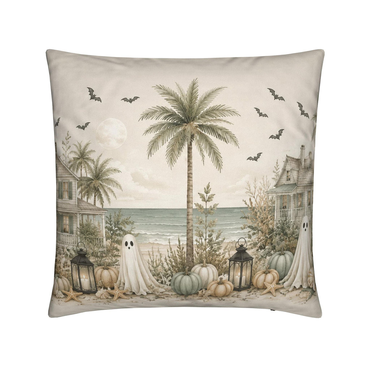 Whimsical coastal ghost pillow with five festive ghosts dressed in soft blue nautical accessories