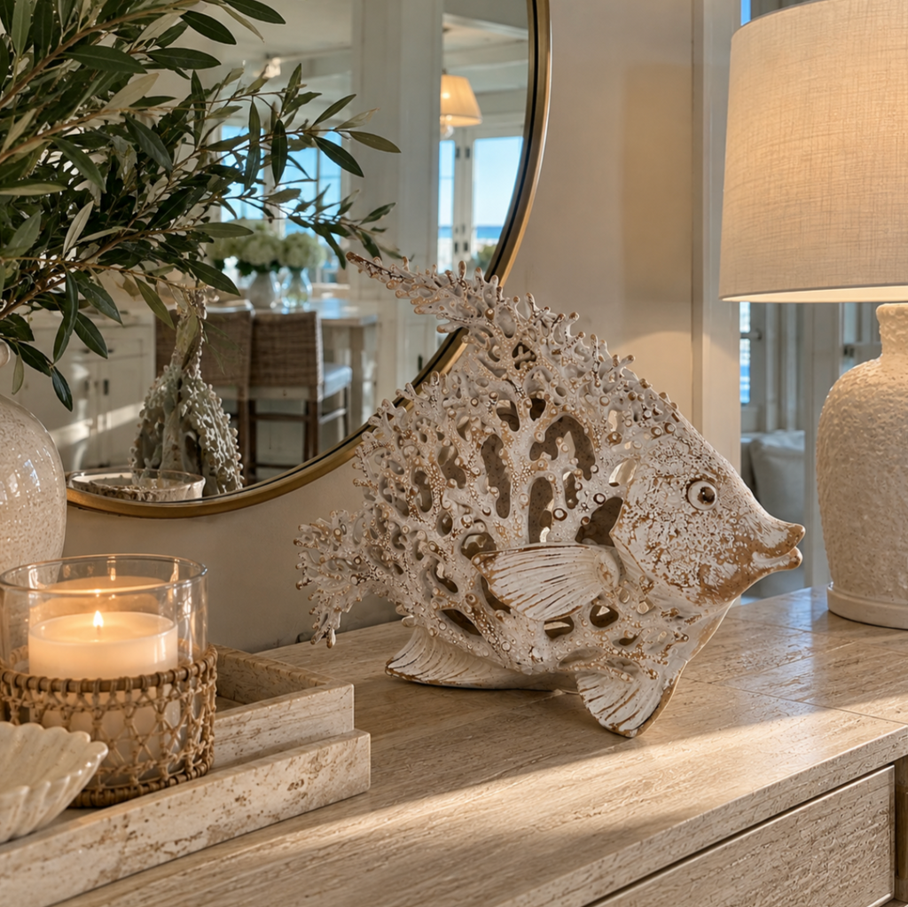 White decorative angelfish sculpture styled on a coastal console table with natural textures.