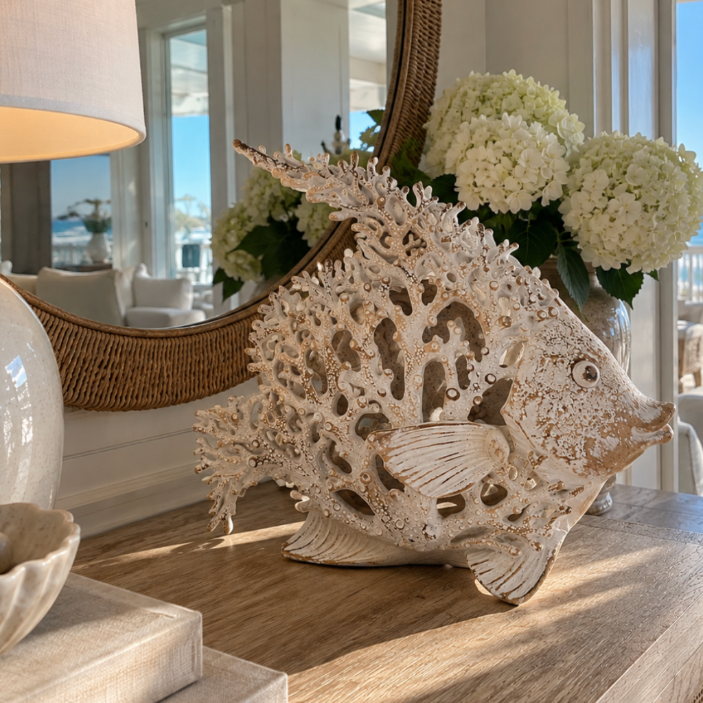 Textured white angelfish sculpture displayed in an elegant luxury beach house interior.
