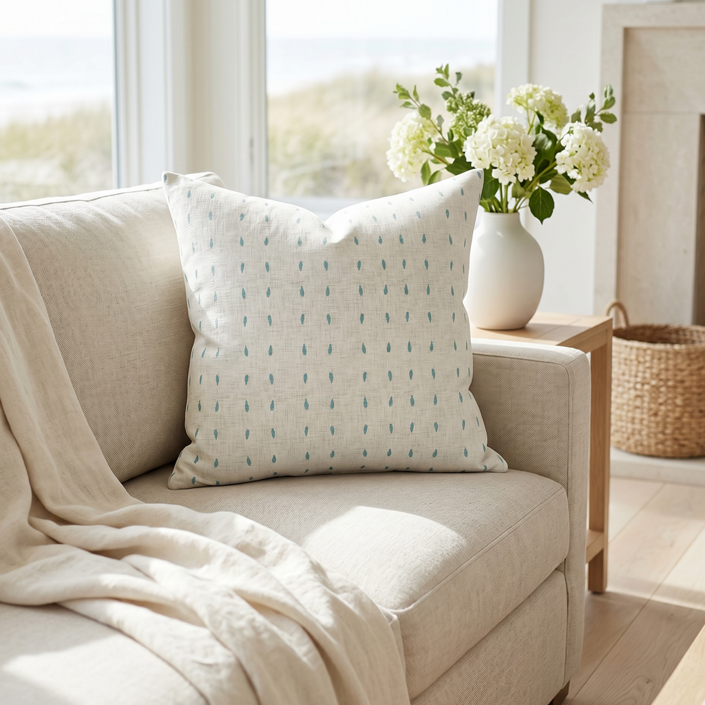 white throw pillow cover with aqua polka dots for coastal couch and sofa decor