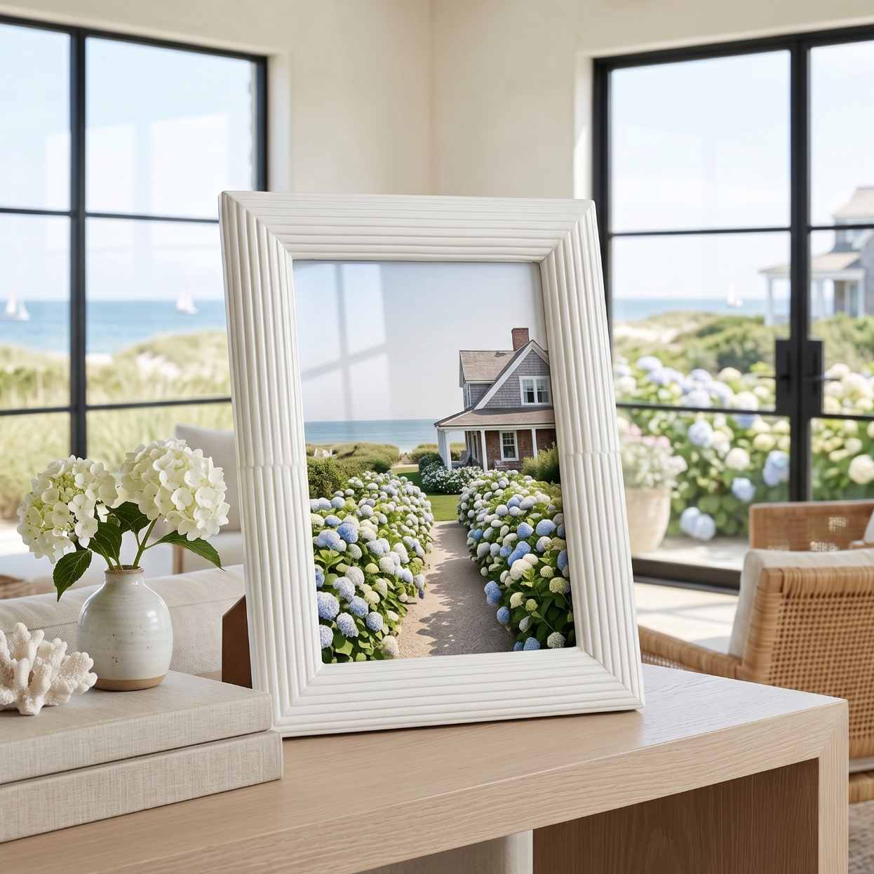 Handcrafted white bone inlay photo frame with geometric pattern used as an accent on a living room shelf