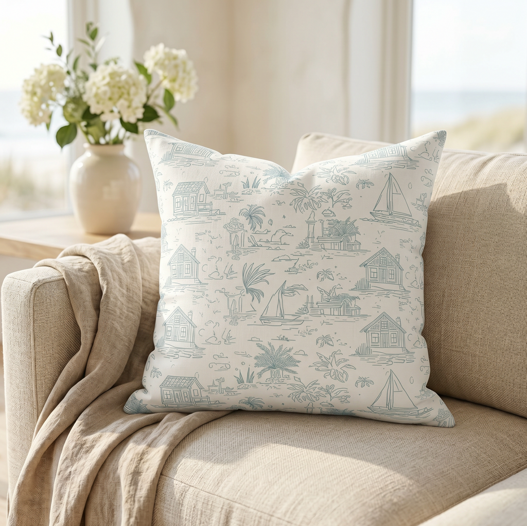 White pillow with light blue coastal toile pattern used as a decorative accent cushion for beach house home decor
