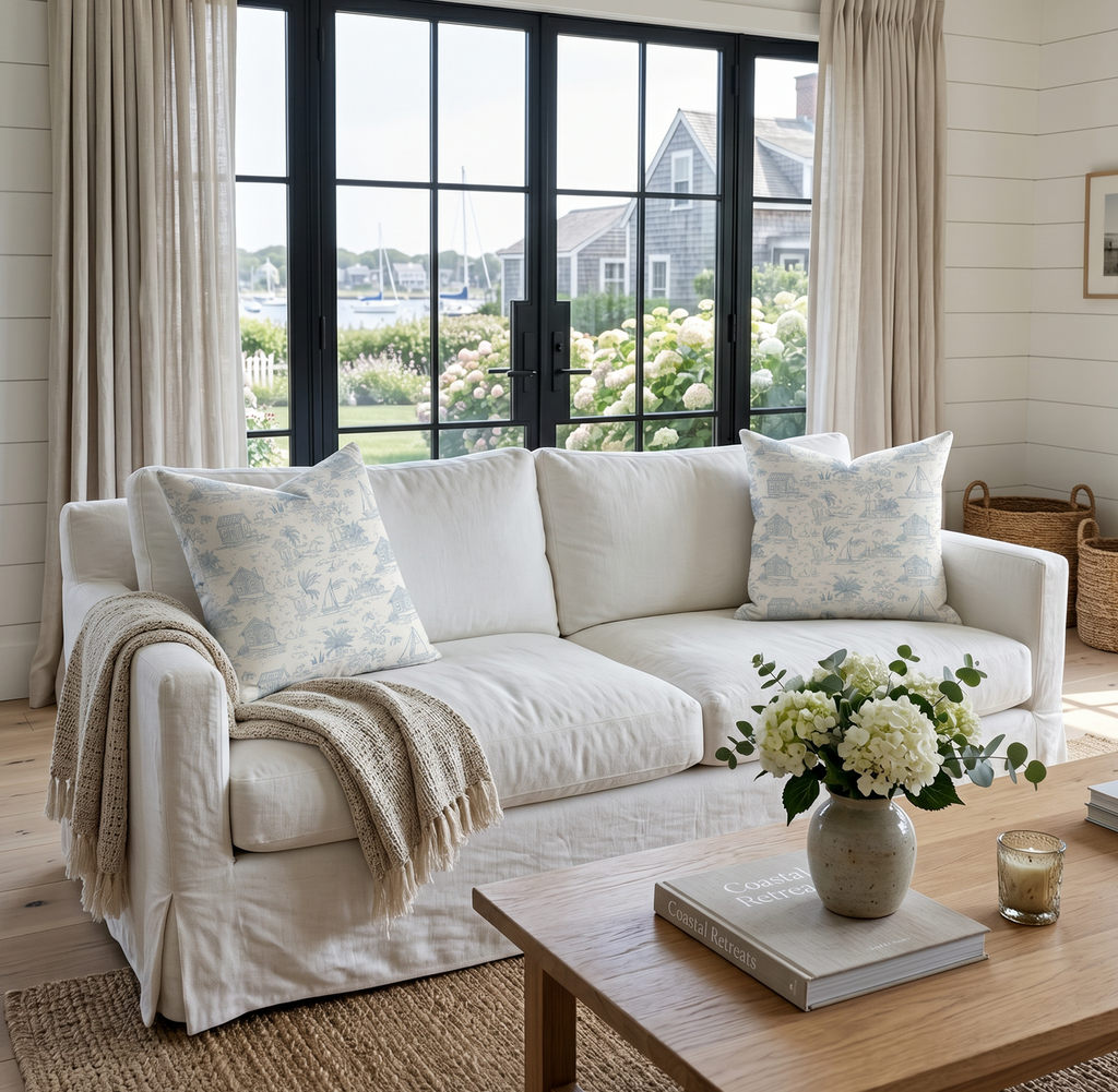 white throw pillow cover with light blue coastal toile pattern for beach house couch decor