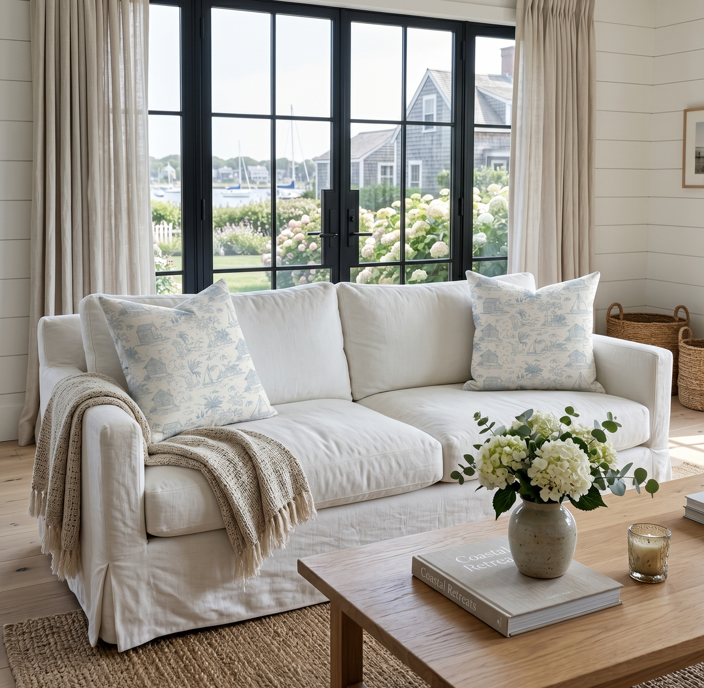 white throw pillow cover with light blue coastal toile pattern for beach house couch decor