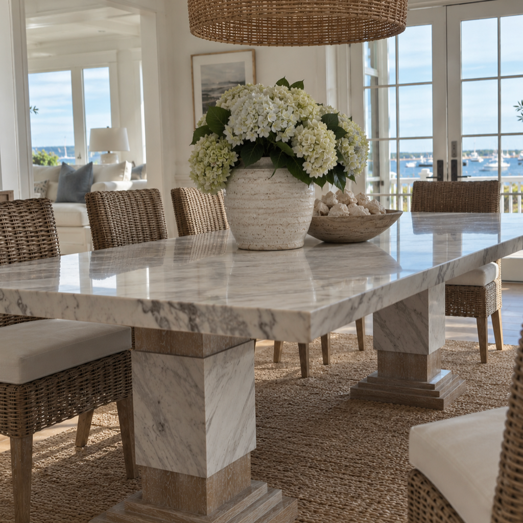 White marble dining table in a modern-classic style with layered double-pedestal supports