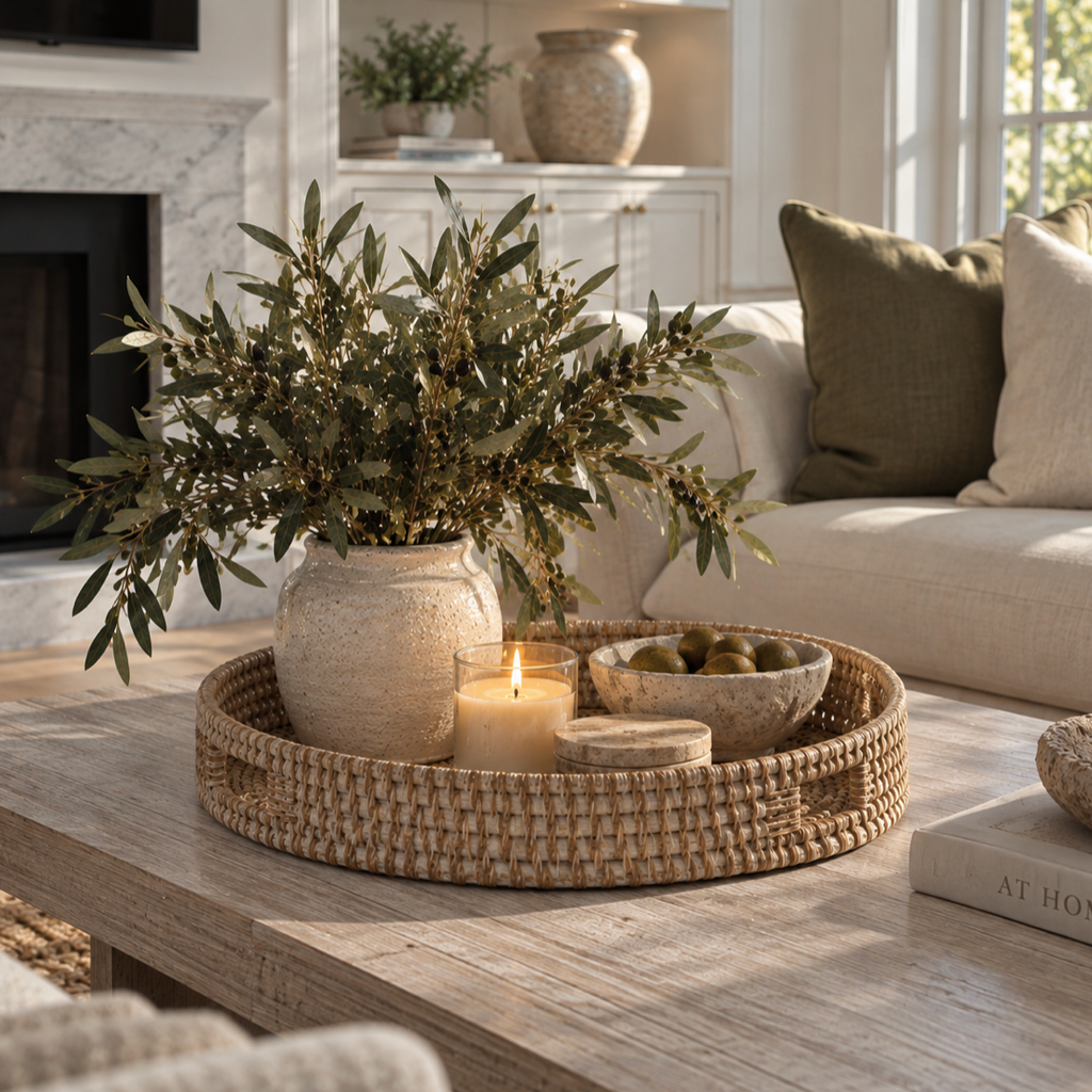 Handwoven white rattan serving tray with a natural weave pattern and built-in cutout handles