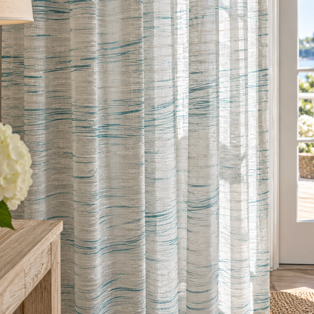 White sheer curtains with aqua stripes for beach house decor