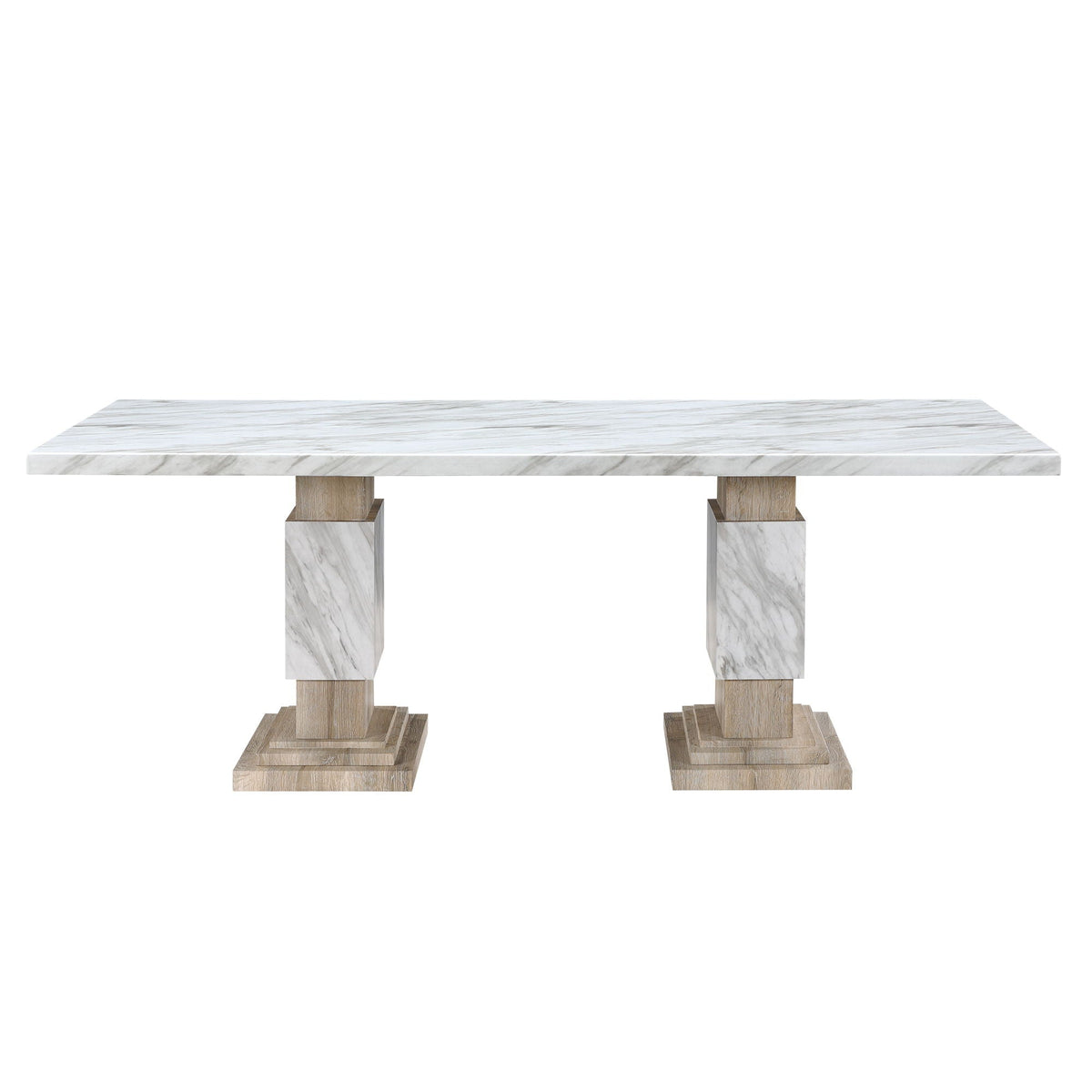 White stone-look dining table with a rectangular top and two substantial pedestal supports