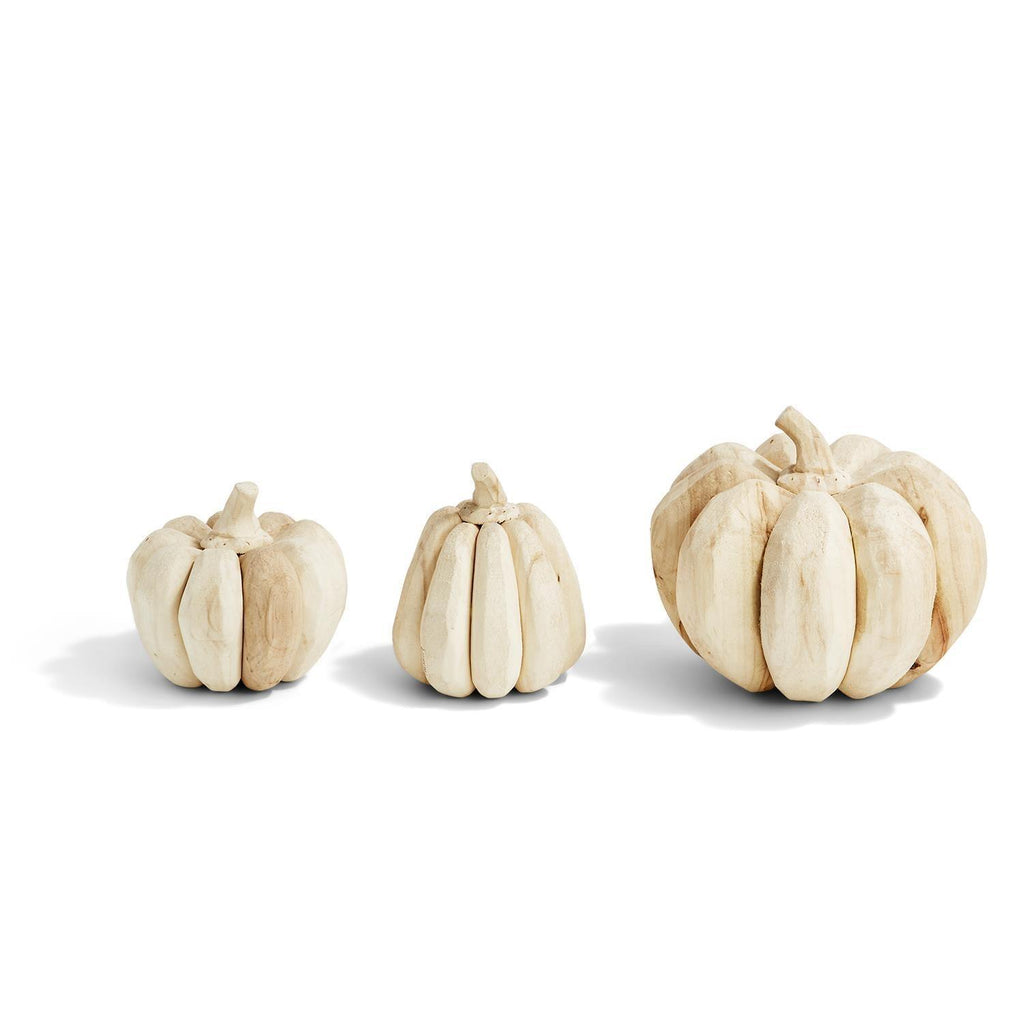 Whitewashed-look wood pumpkin set with hand-carved vertical segments for refined fall decor