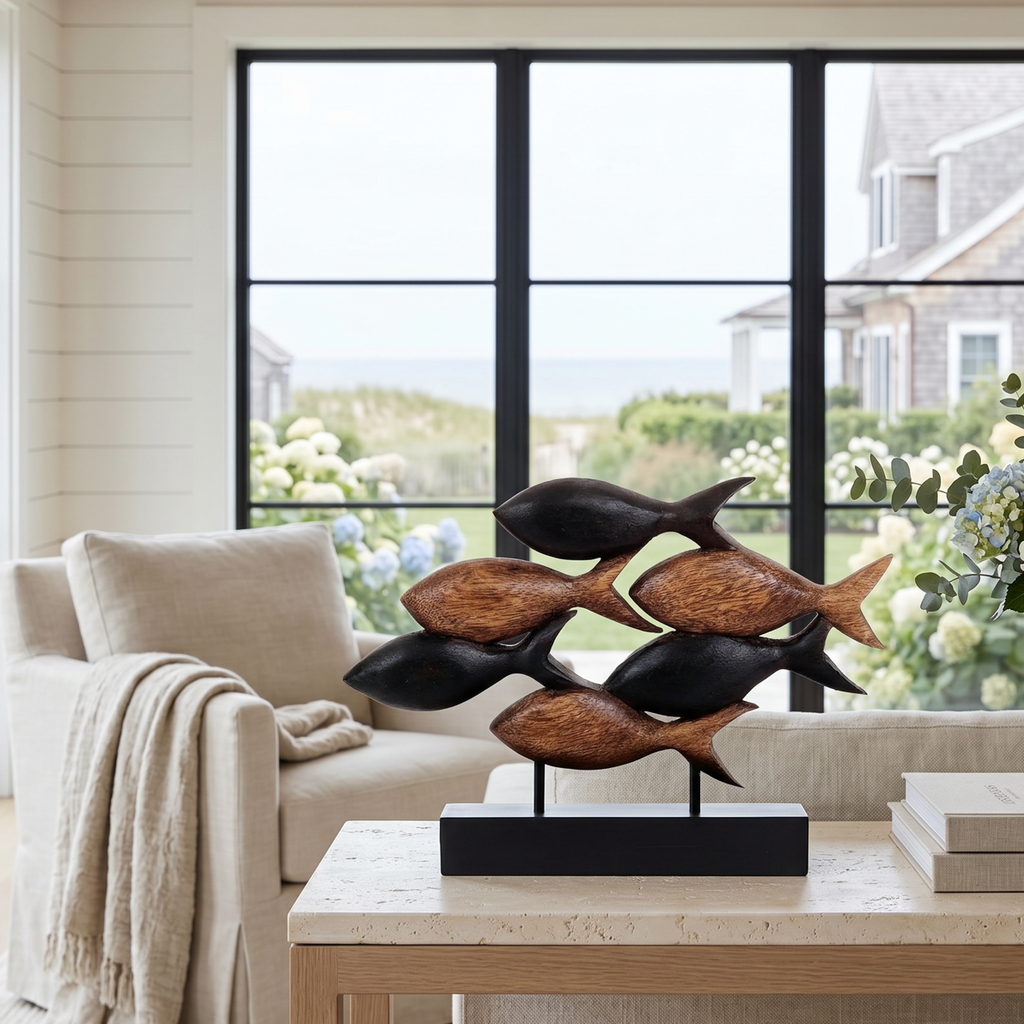 Wood fish sculpture on an entryway table in a beach house inspired home