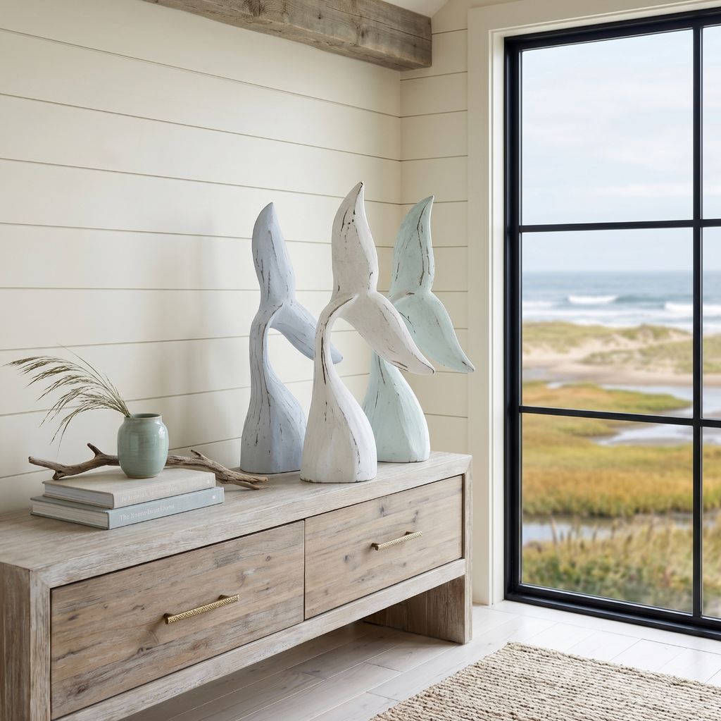 Beachy accent decor piece with a sculptural whale tail shape.