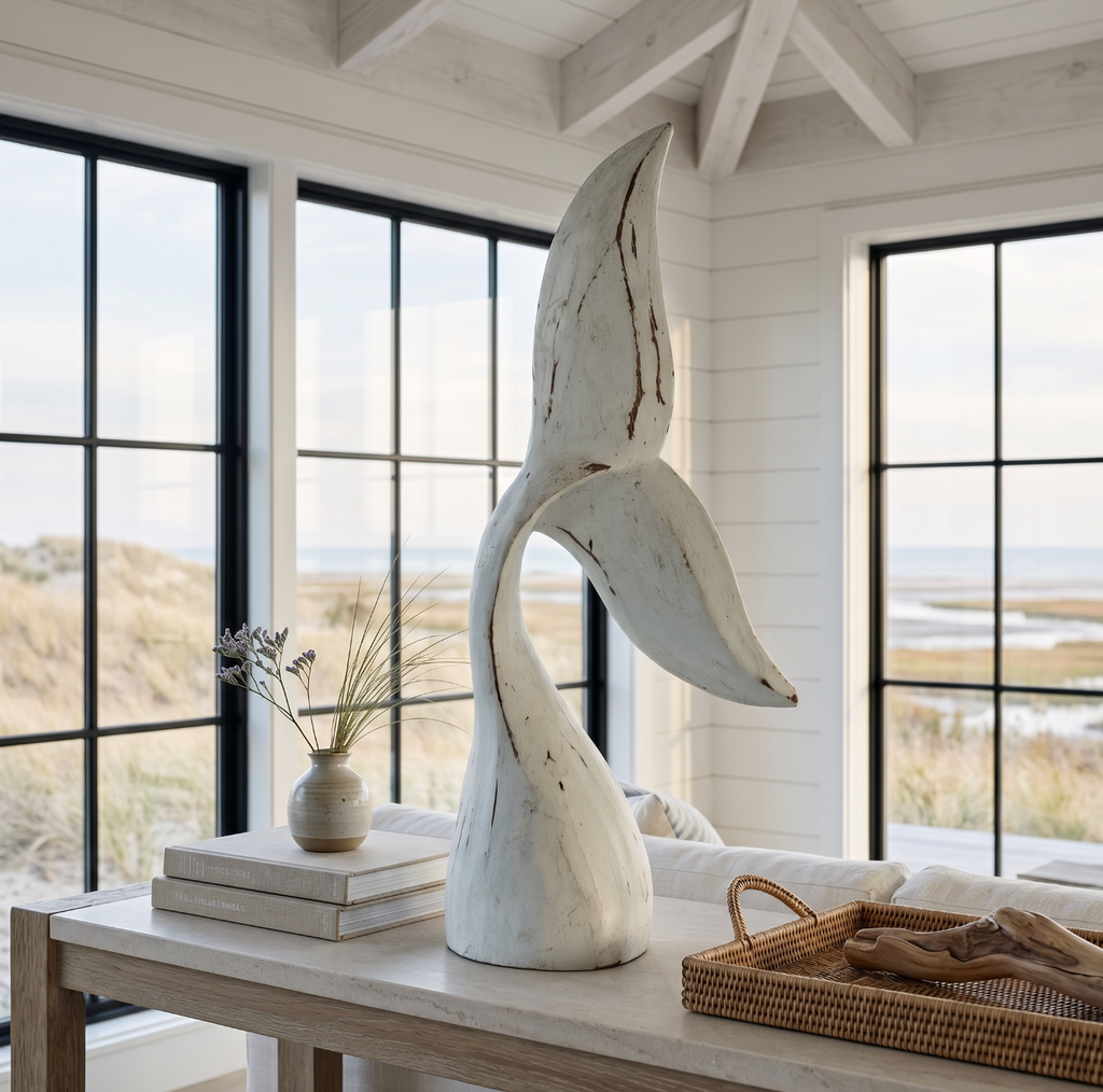 Nautical whale tail accent piece made from wood for coastal home decor.
