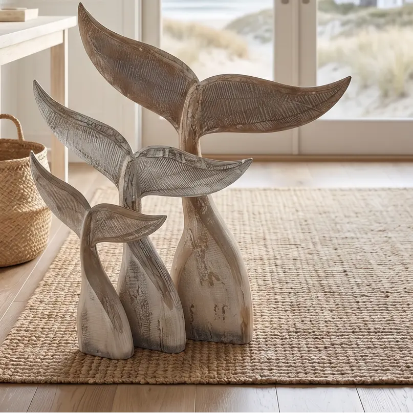 Wooden whale tail sculpture styled with driftwood and shells in a coastal vignette.