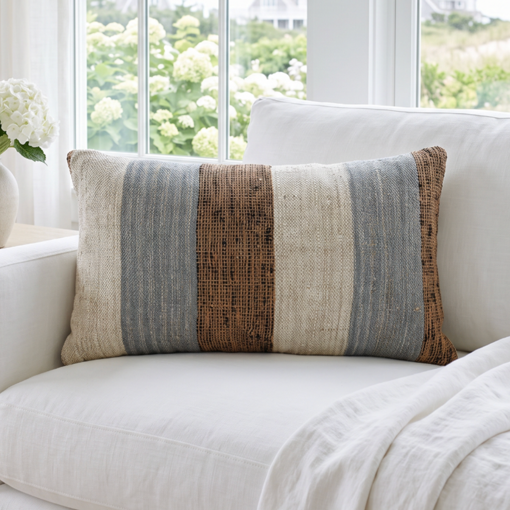 Shoreline Sands woven cotton lumbar pillow with a multi‑stripe color block pattern on a textured backdrop, sized 16 by 24 inches.