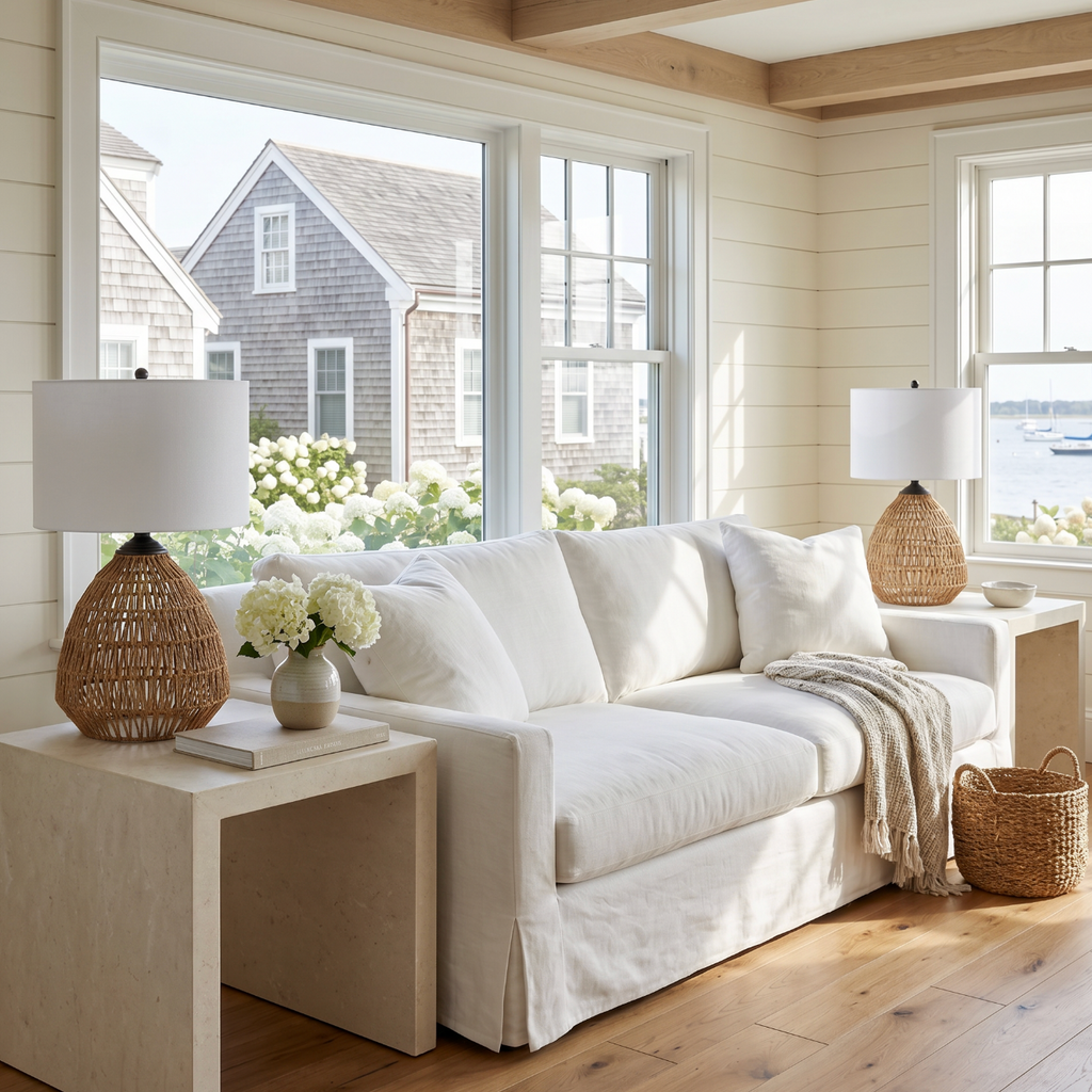 Beach house table lamp made from rattan with an organic woven design.