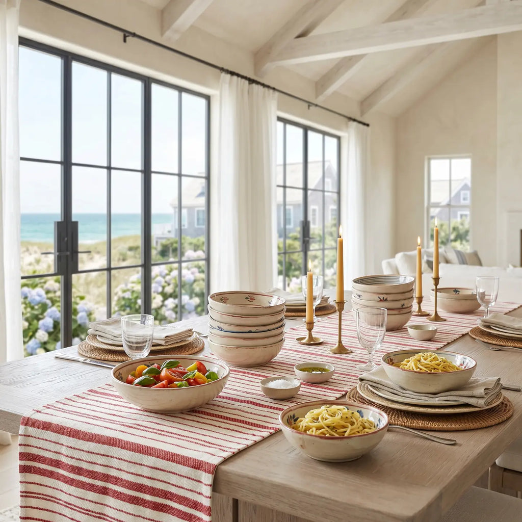 Woven red and white striped table runner on a beach house dining table with simple place settings