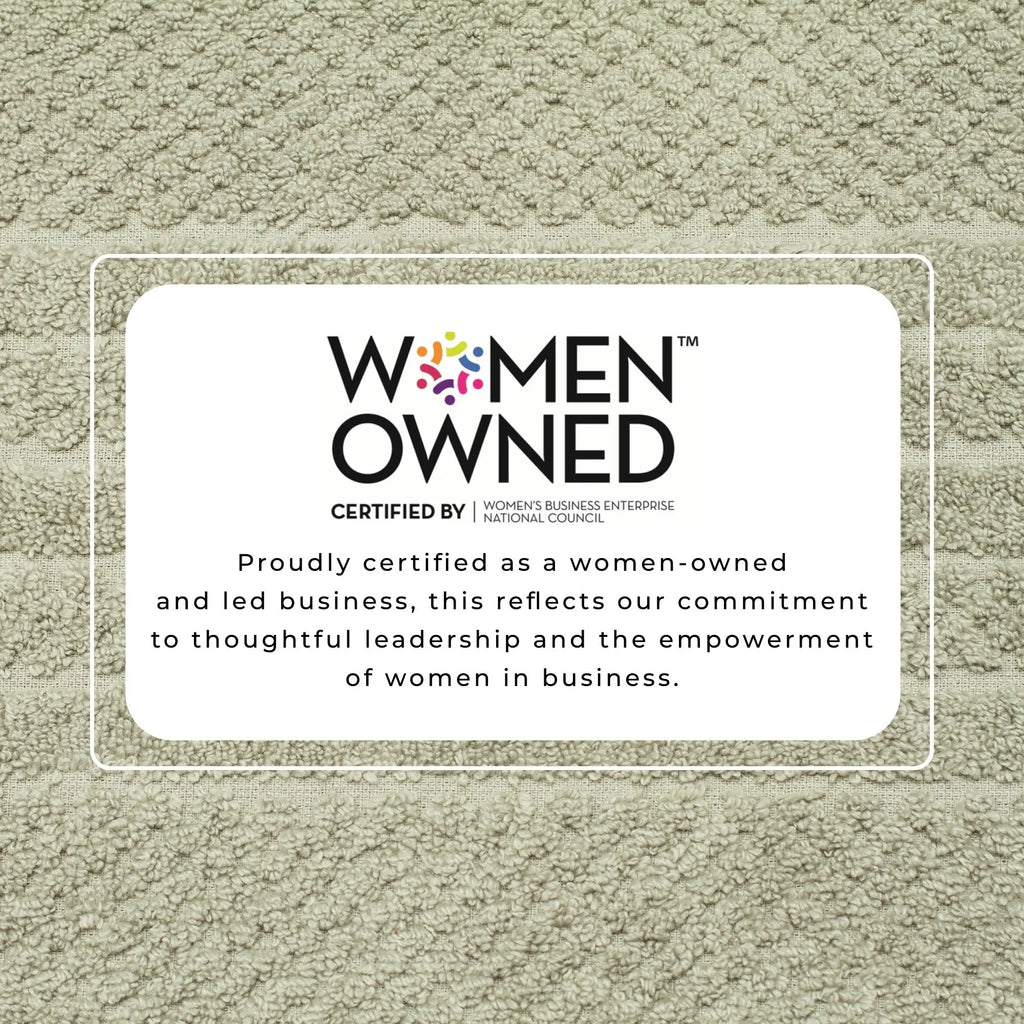 Bath towel set in beige, 100% cotton checkered jacquard with Women Owned certification badge